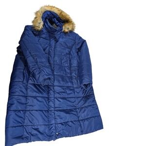 ROAMANS Womens Blue Puffer Coat Faux Fur Hood Winter Warm Plus Size 2X 26 28